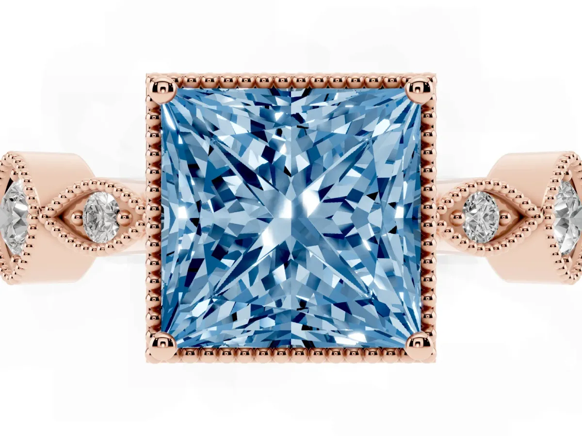 Fancy Blue Princess Cut Diamond Vintage Milgrain Ring with Round Stations Rose gold