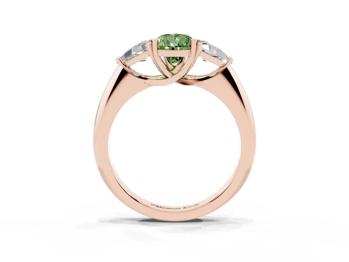 Fancy Green Three-Stone Pear Cut Diamond Engagement Ring with Trillion Side Stones and Prong Setting Rose gold