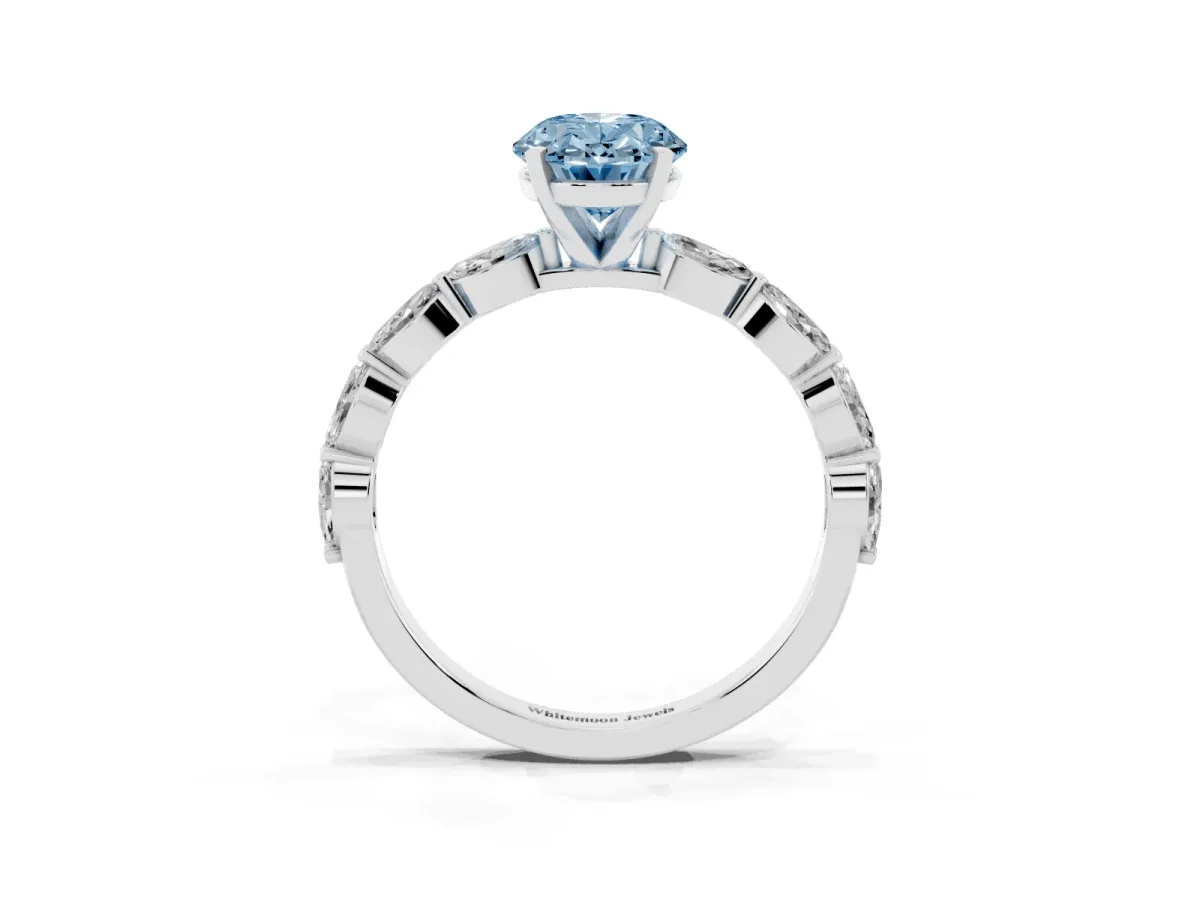 Fancy Blue Oval Cut Diamond Ring with Marquise Side Stones and Prong Setting Platinum