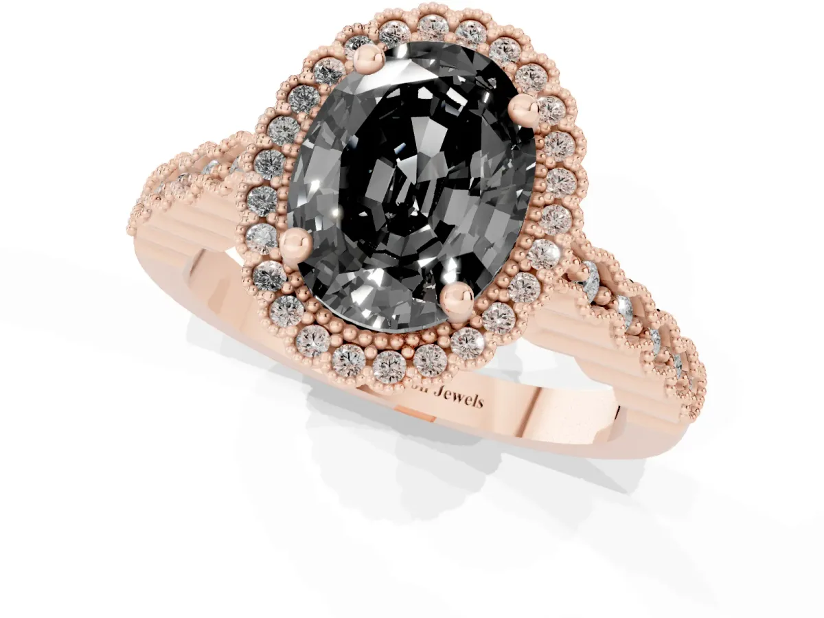 Fancy Black Oval Cut Cut Halo Pavé Solitaire Ring with Milgrain Band Rose gold