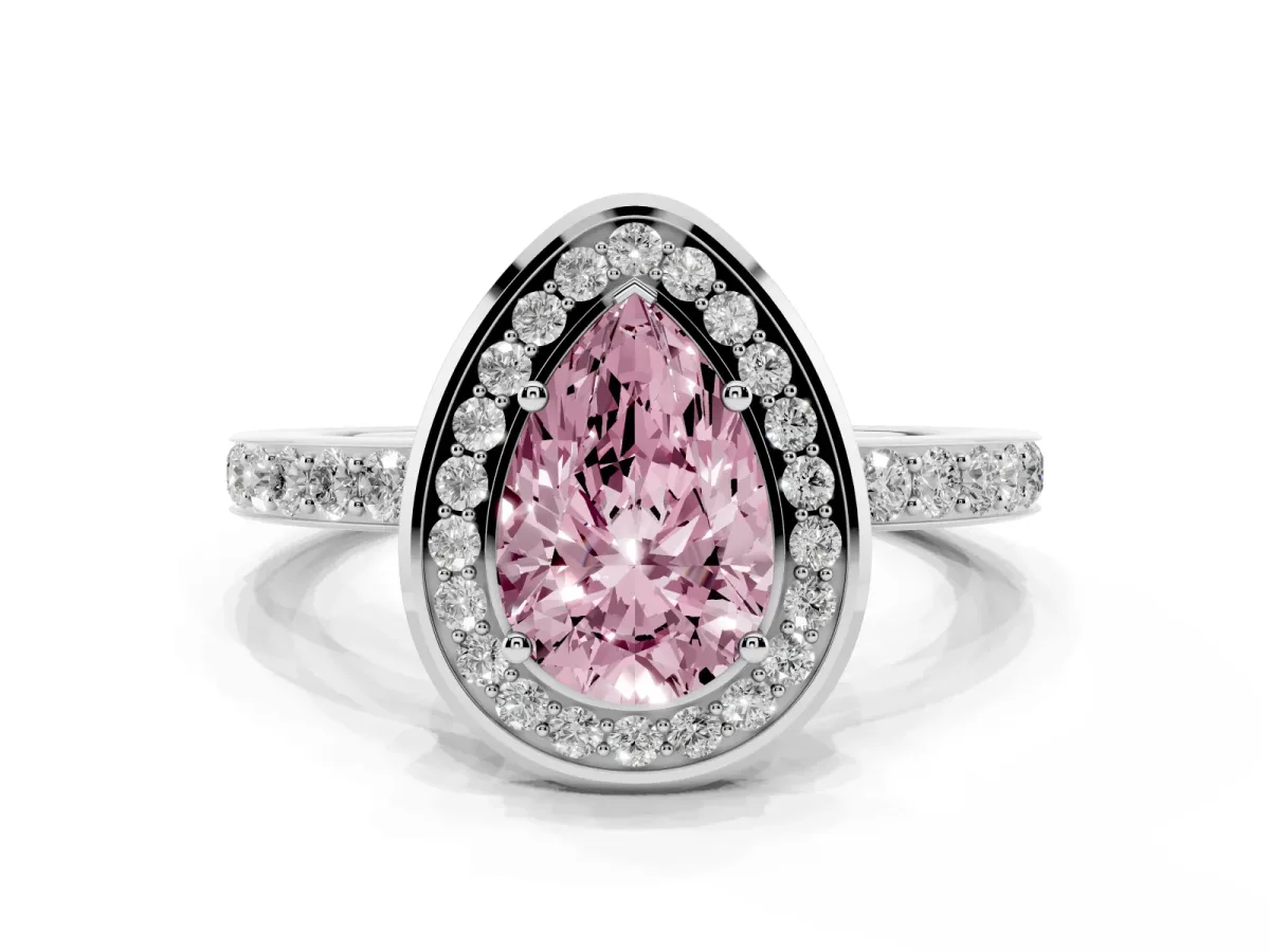 Fancy Pink Pear Cut Diamond Halo Ring with Bezel Frame and Pavé Band Silver