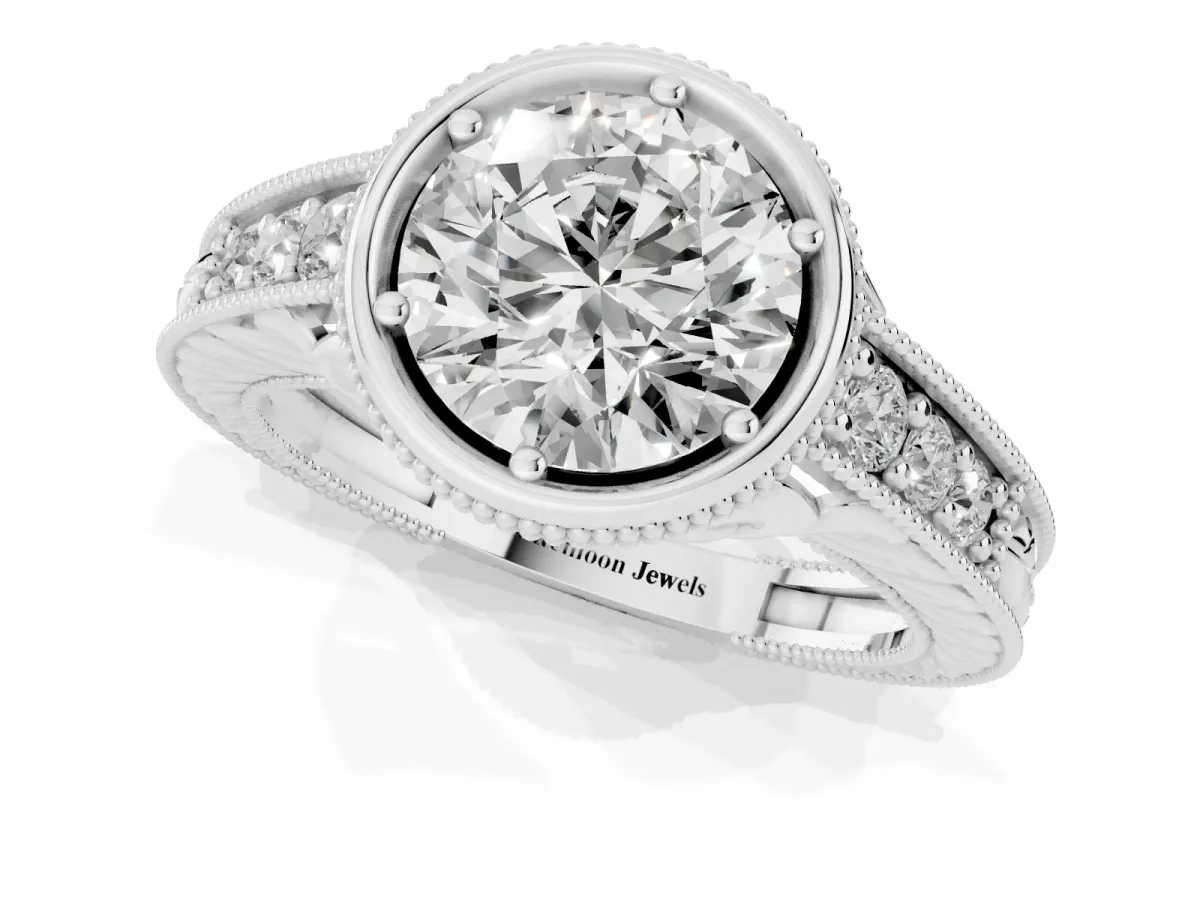 Bezel Set Round Cut Diamond Milgrain Pave Engagement Ring Silver