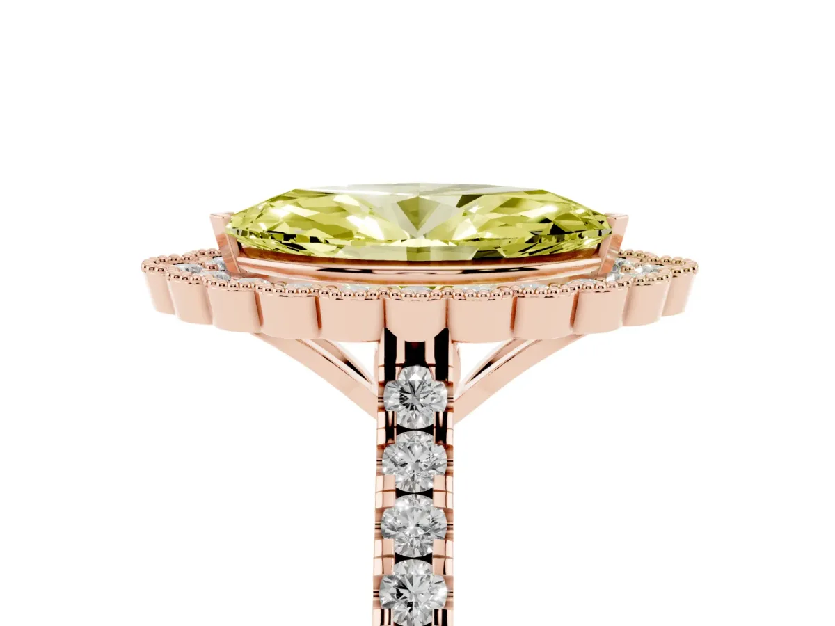 Fancy Yellow Marquise Cut Cut Diamond Milgrain Floral Halo Engagement Ring with Pavé Band Rose gold