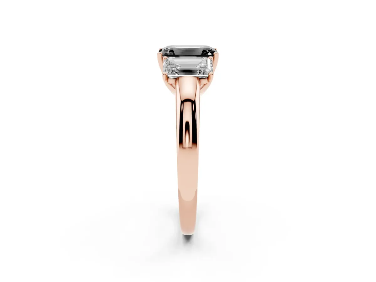 Fancy Black Emerald Cut Diamond Three-Stone Ring with Four-Prong Setting and Classic Band Rose gold