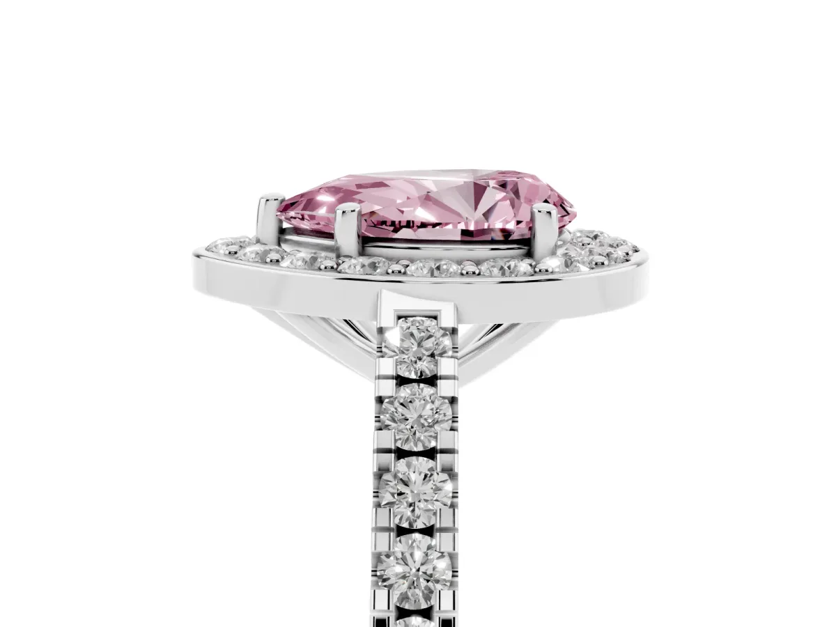 Fancy Pink Pear Cut Diamond Halo Ring with Round Pavé Split Shank and Prong Setting Silver