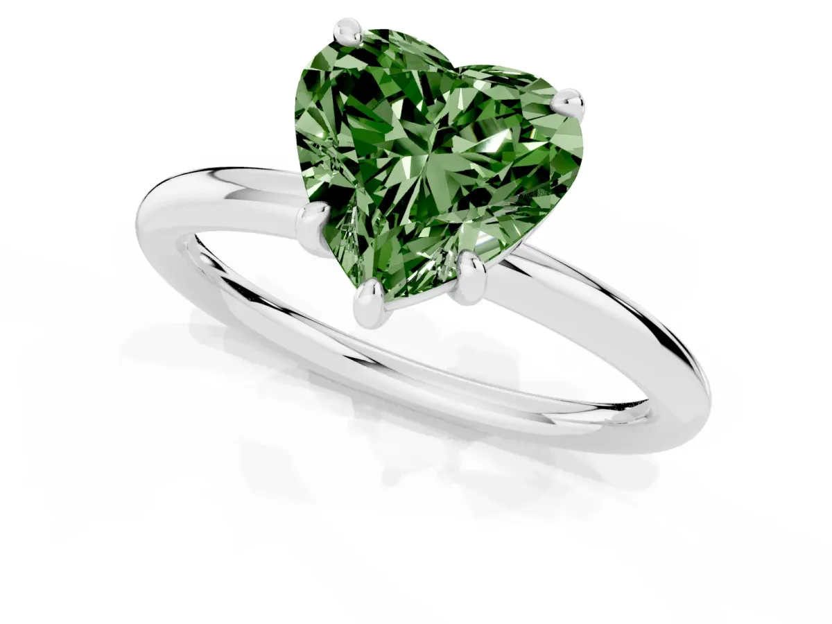 Fancy Green Heart Cut Solitaire Diamond Ring with Four-Prong Setting on a Plain Band Platinum