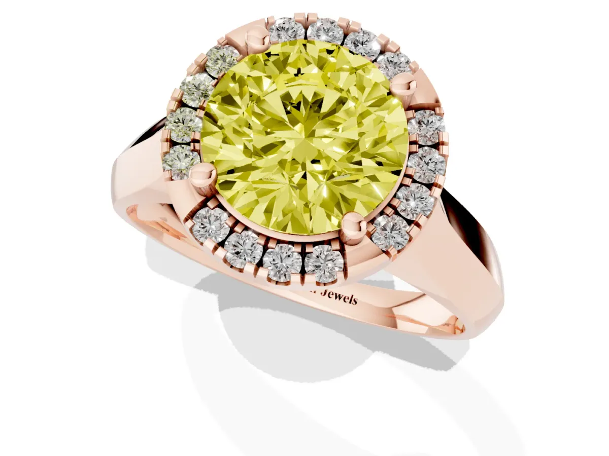 Fancy Yellow Round Cut Cut Halo Solitaire Engagement Ring with Square Band and Four-Prong Setting Rose gold