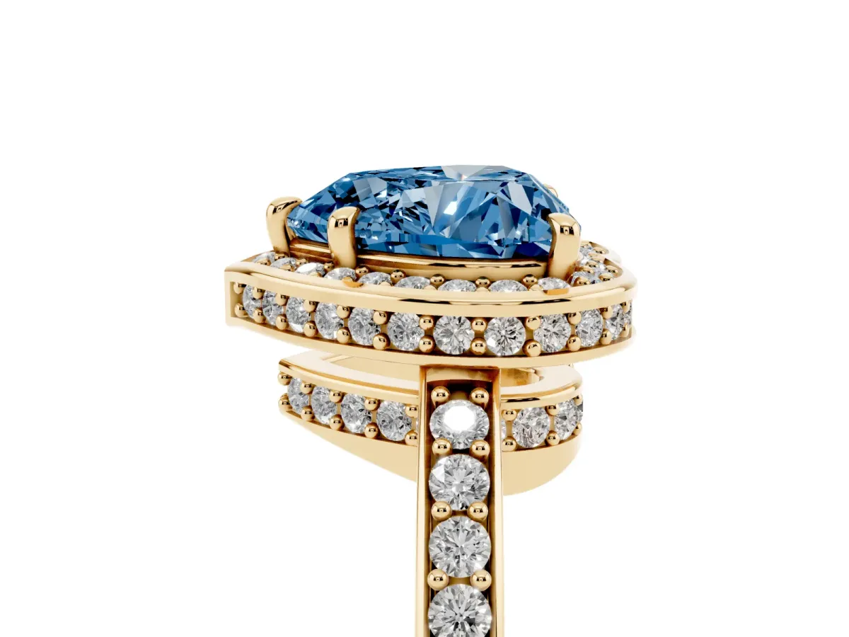 Fancy Blue Heart Cut Halo Pave Band Solitaire Ring with Prong Setting Yellow gold