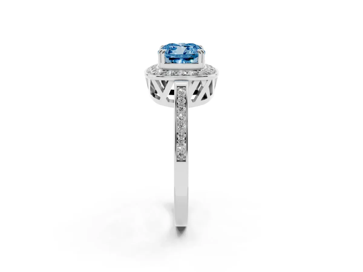 Fancy Blue Cushion Cut Diamond Halo Ring with Split Shank and Four-Prong Setting Silver