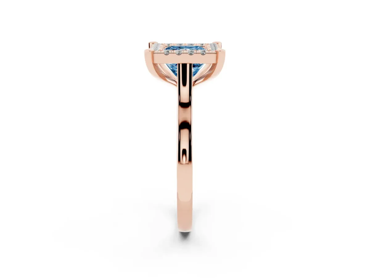 Fancy Blue Princess Cut Diamond Cluster Halo Solitaire with Four-Prong Setting Rose gold