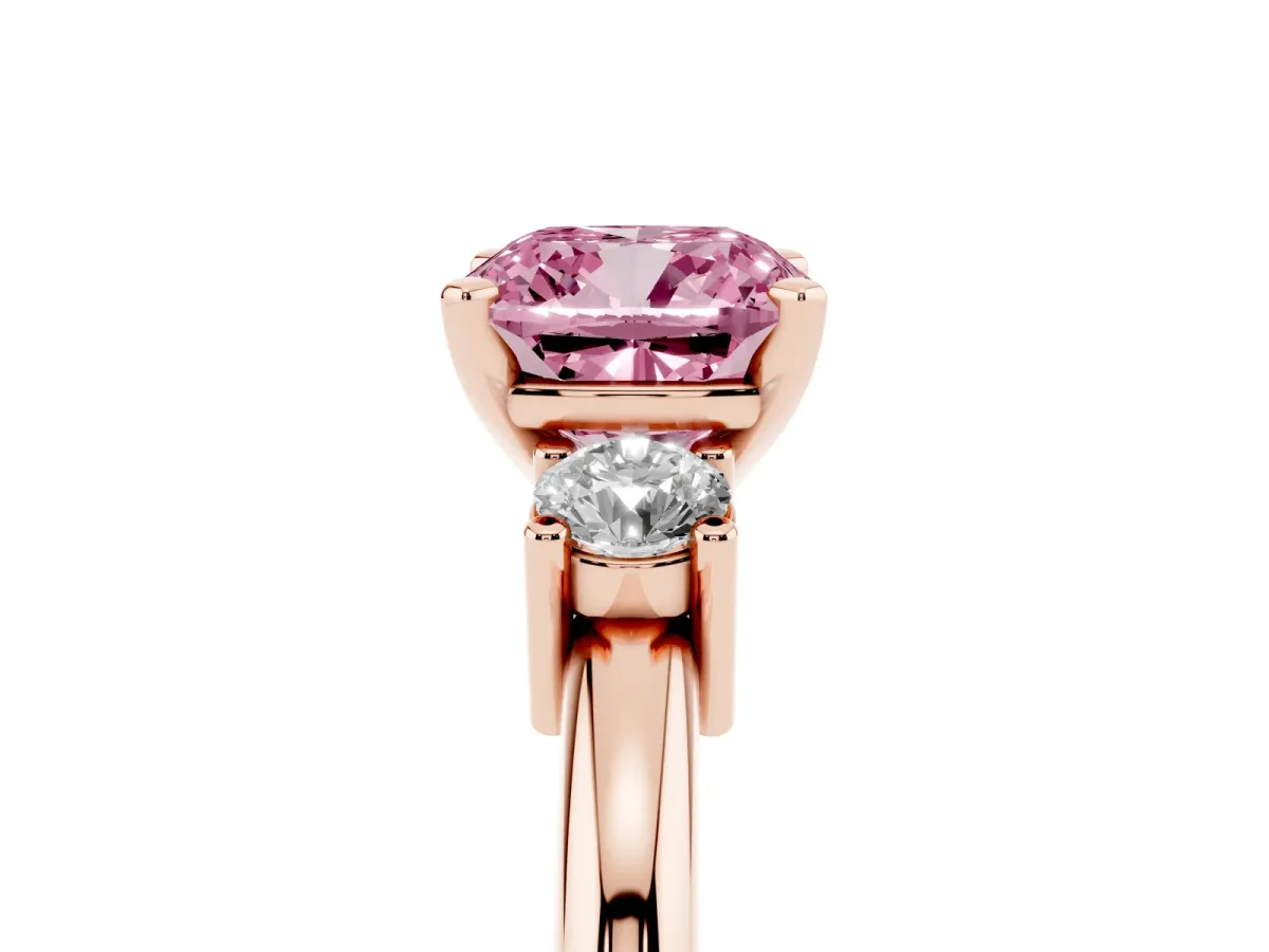 Fancy Pink Three-Stone Cushion Cut Cut Diamond Solitaire with Prong Setting and Classic Band Rose gold