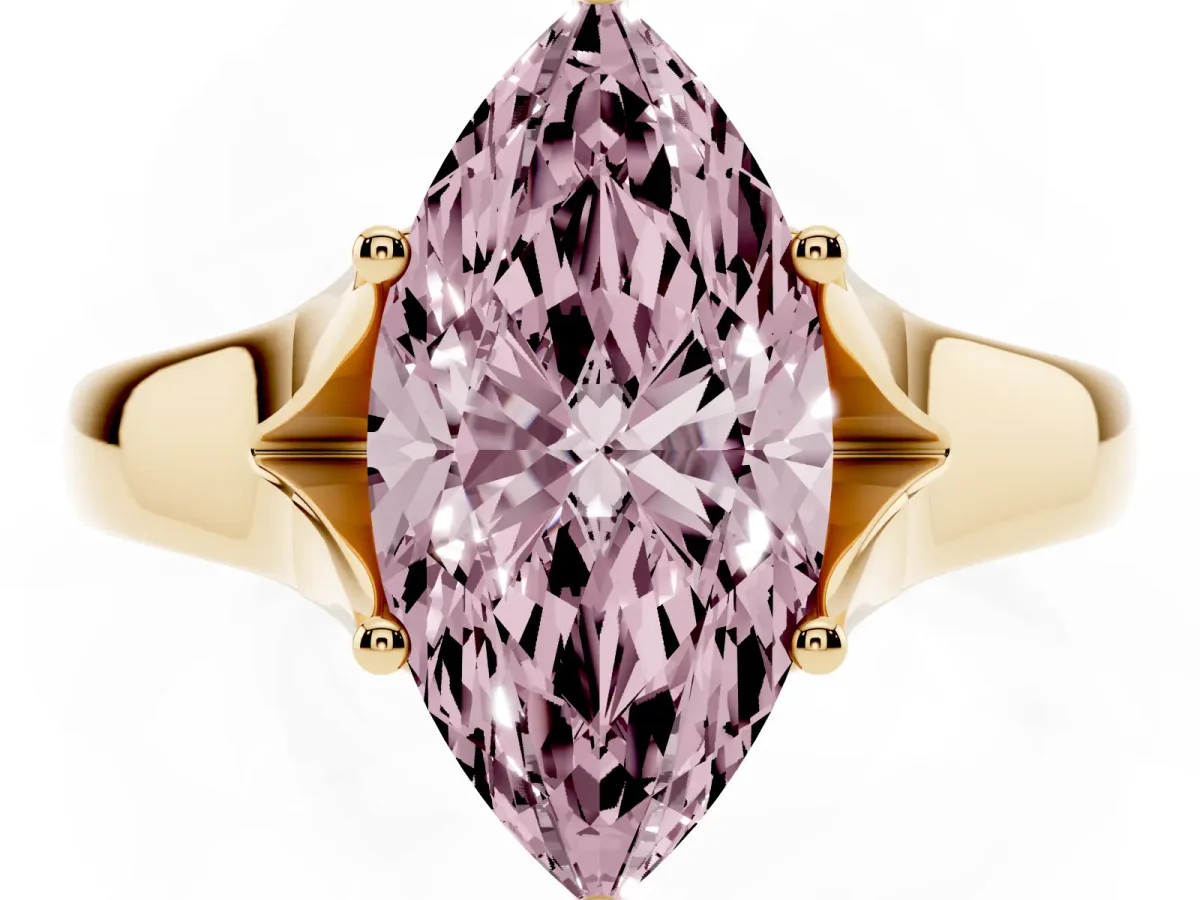 Fancy Pink Marquise Cut Solitaire Diamond Ring with Cathedral Band and Four-Prong Setting Yellow gold