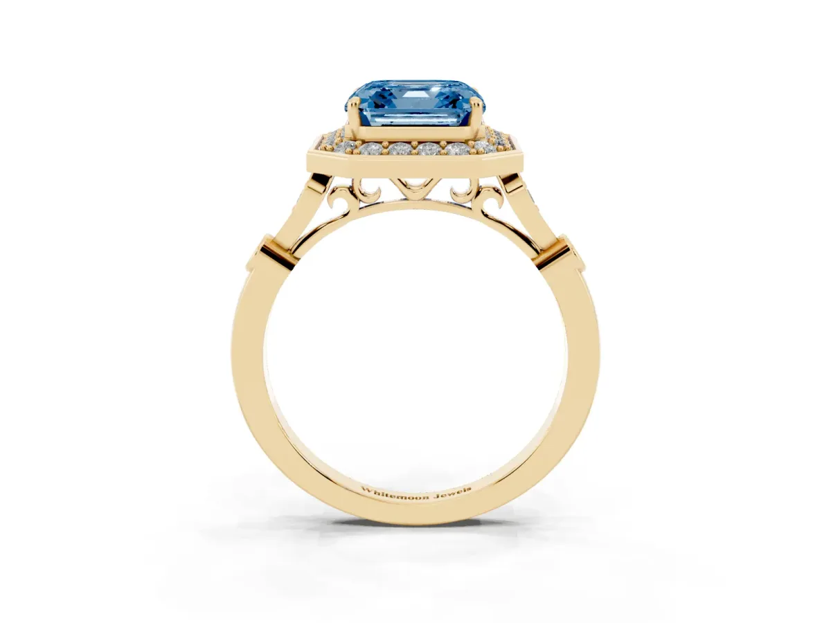 Fancy Blue Asscher Cut Halo Diamond Engagement Ring with Twisted Band and Four-Prong Setting Yellow gold
