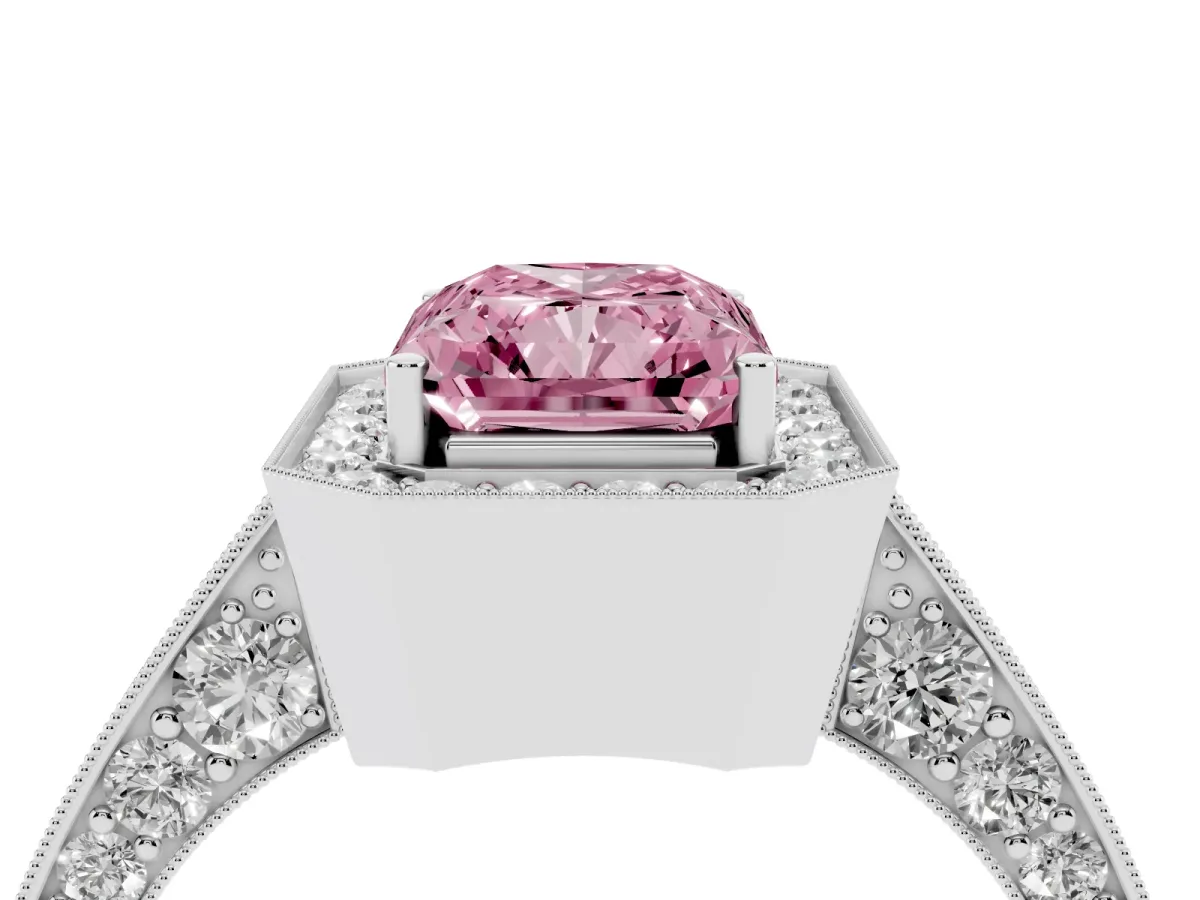 Fancy Pink Radiant Cut Halo Diamond Engagement Ring with Split Shank Band and Four-Prong Setting Silver