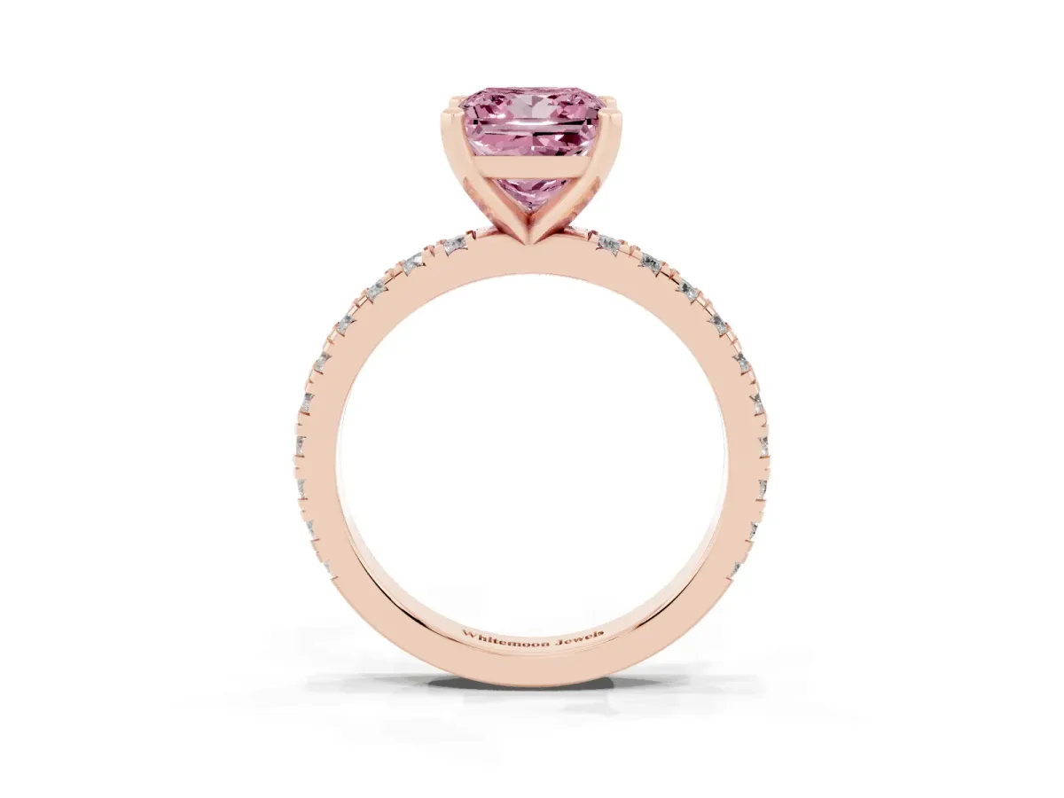 Fancy Pink Princess Cut Diamond Pavé Band Solitaire with Four-Prong Setting Rose gold