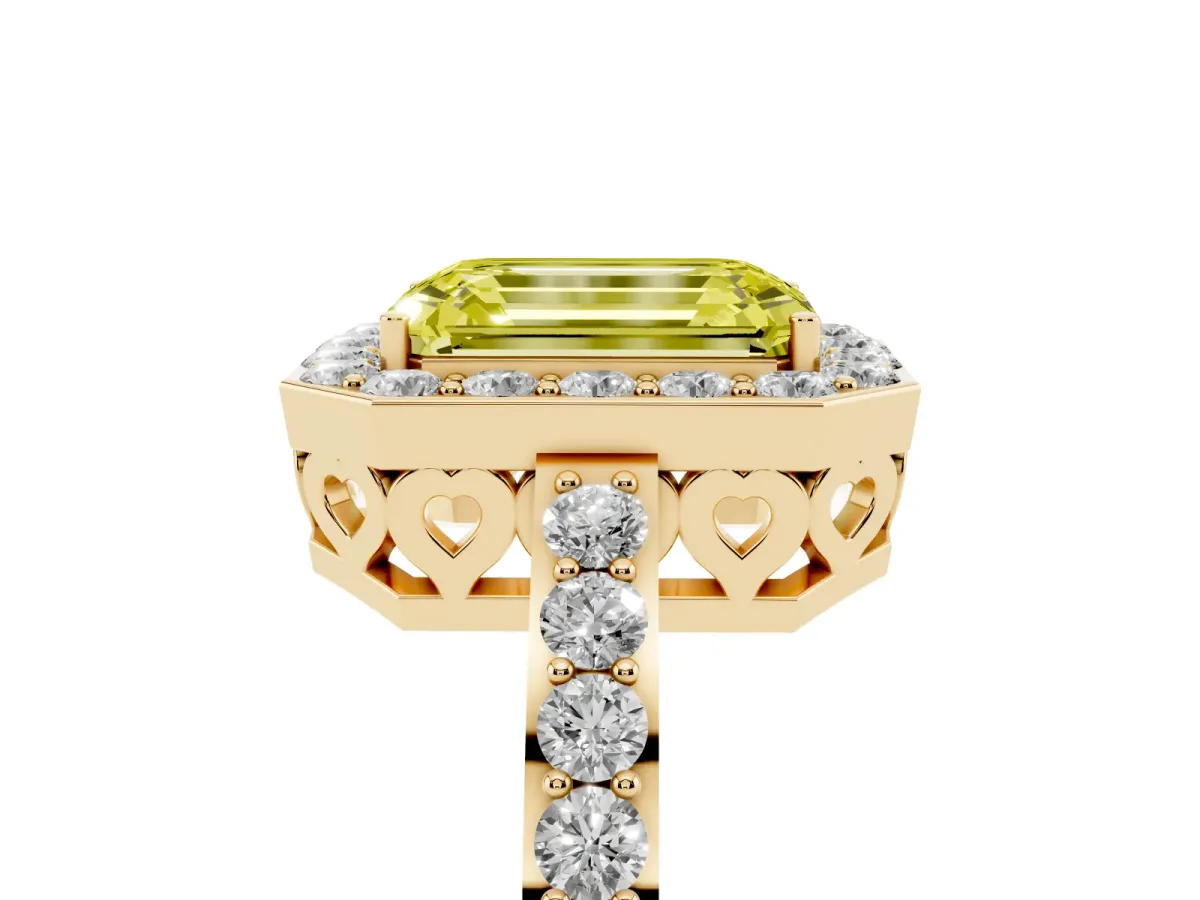 Fancy Yellow Emerald Cut Halo Diamond Pavé Band Ring with Prong Setting Yellow gold