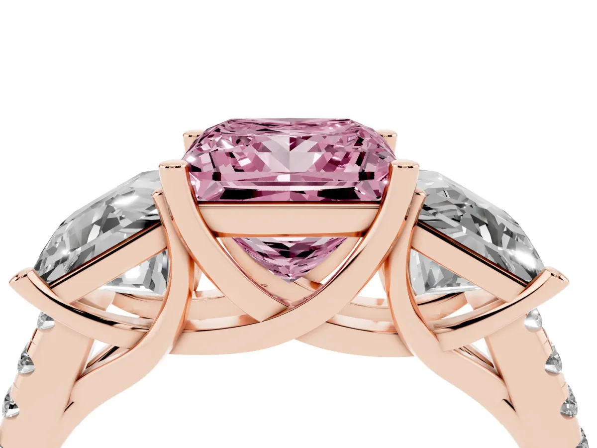 Fancy Pink Three-Stone Princess Cut Diamond Ring with Round Pavé Band and Prong Setting Rose gold