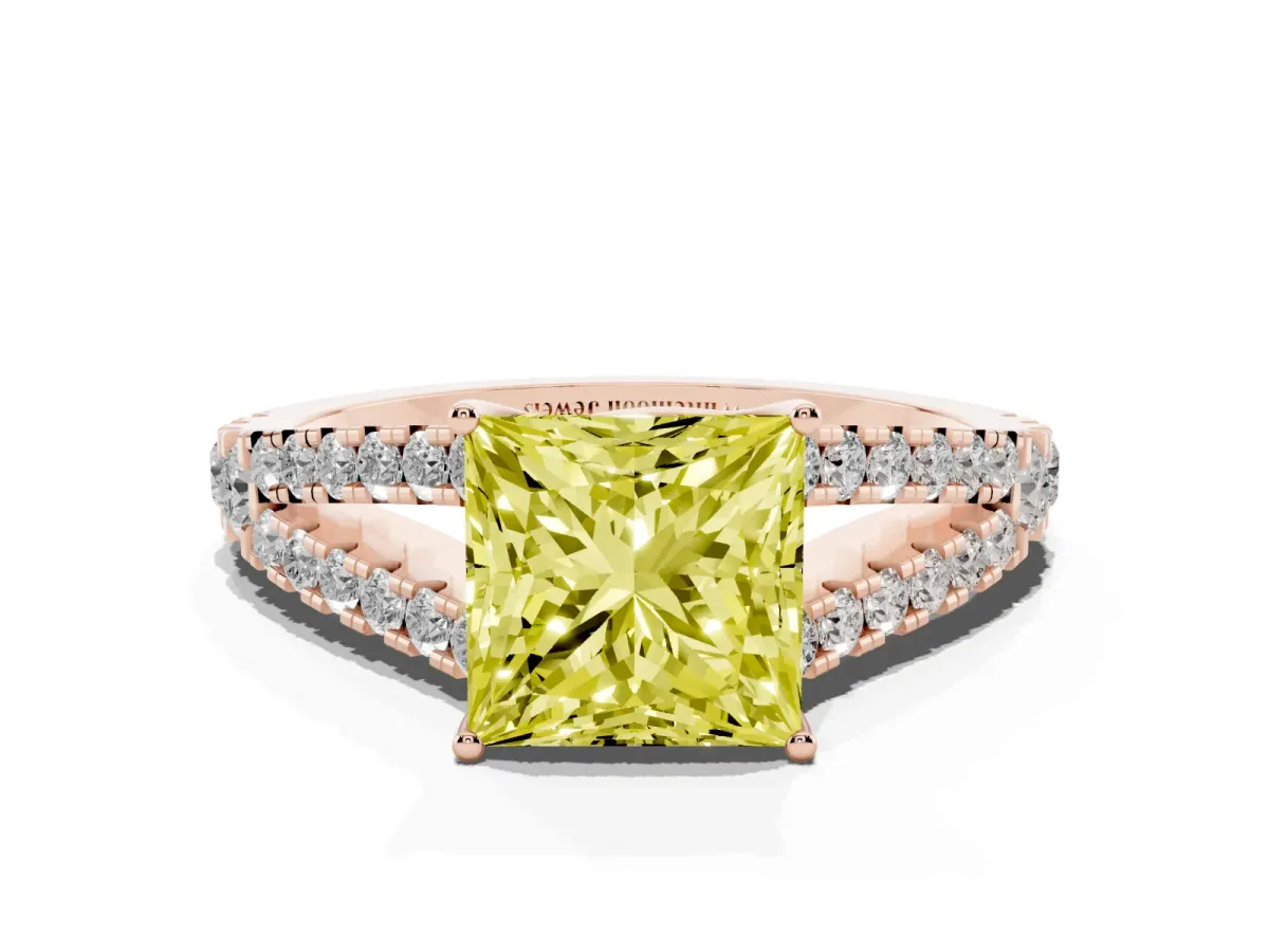Fancy Yellow Princess Cut Diamond Split Shank Pavé Engagement Ring with Four-Prong Setting Rose gold