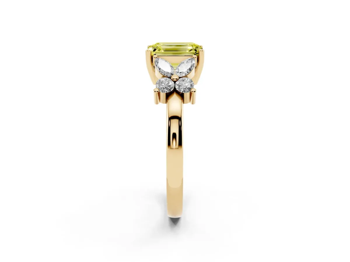 Fancy Yellow Emerald Cut Diamond Floral Cluster Ring with Solitaire Band and Prong Setting Yellow gold