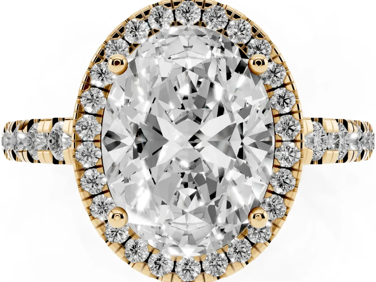 Oval Cut Diamond Halo Ring with Pavé Band and Four-Prong Setting Yellow gold