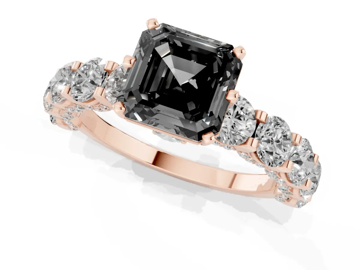 Fancy Black Asscher Cut Diamond Side Stone Engagement Ring with Four-Prong Setting Rose gold