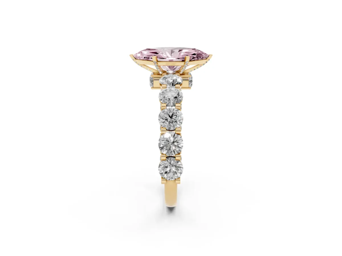 Fancy Pink Marquise Cut Diamond Side Stone Engagement Ring with Four-Prong Setting Yellow gold