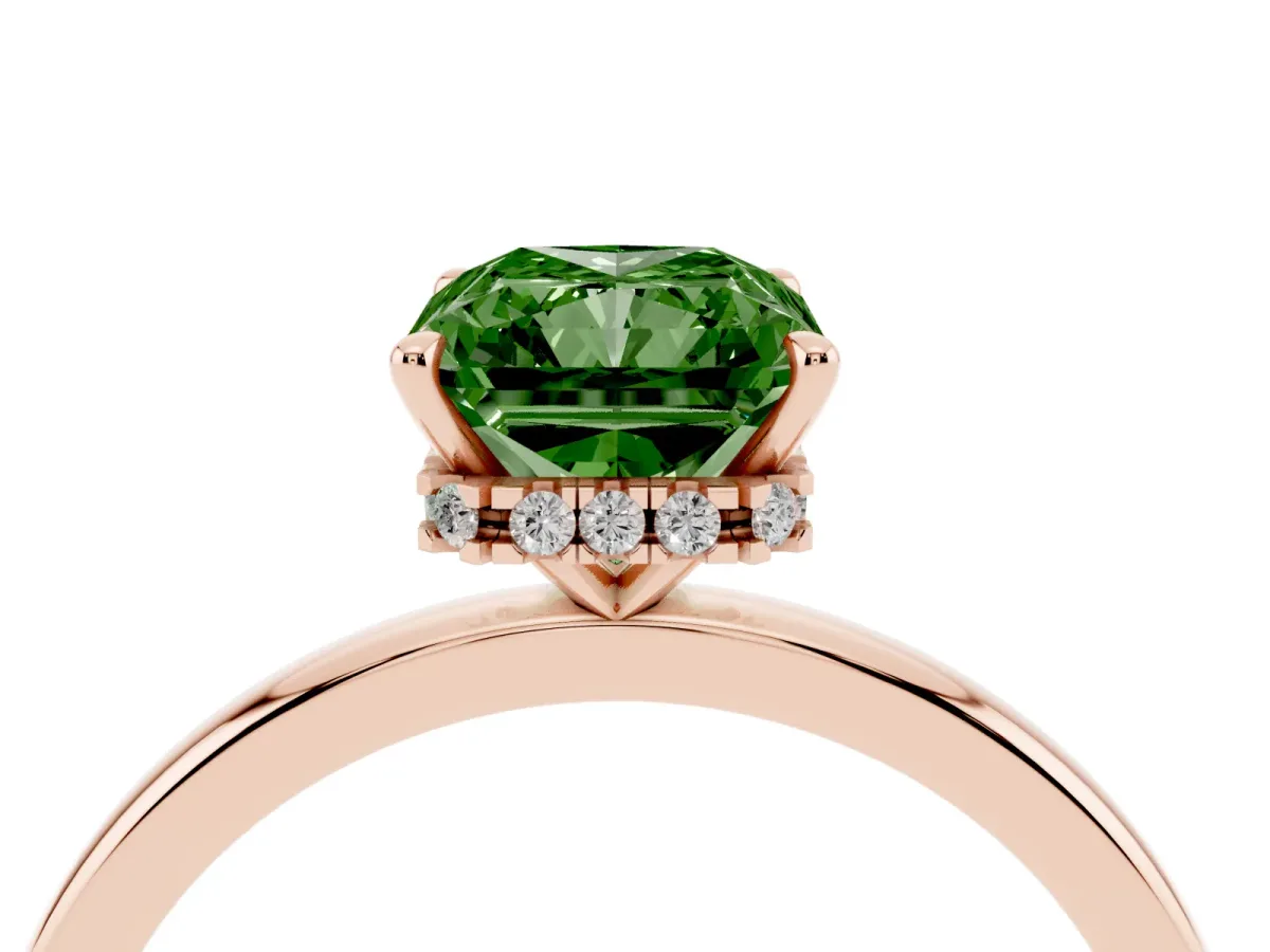 Fancy Green Radiant Cut Solitaire Engagement Ring with Cathedral Band and Four-Prong Setting Rose gold