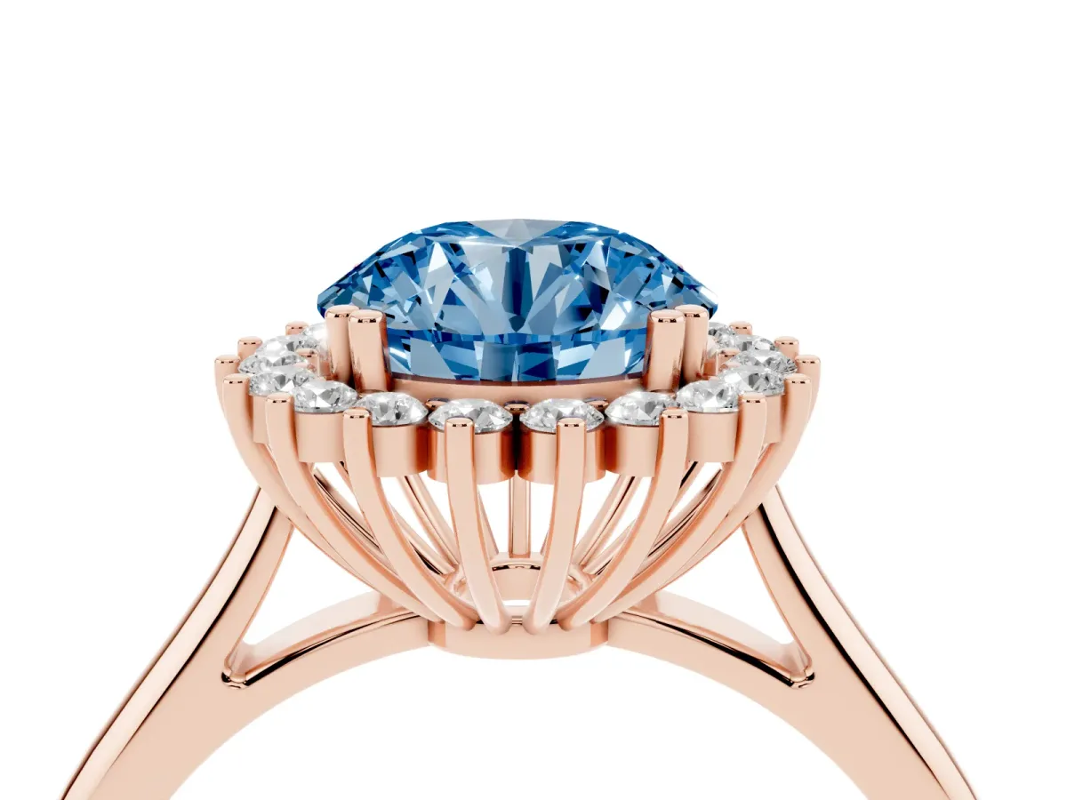Fancy Blue Round Cut Cut Diamond Halo Ring with Solitaire Band and Prong Setting Rose gold