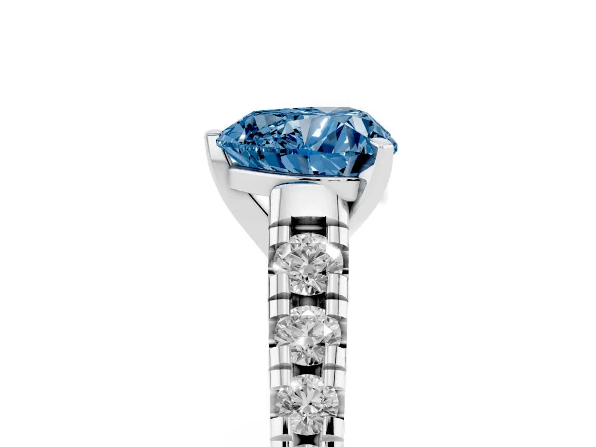 Fancy Blue Heart Cut Diamond Cathedral Solitaire Ring with Round Pavé Band Silver