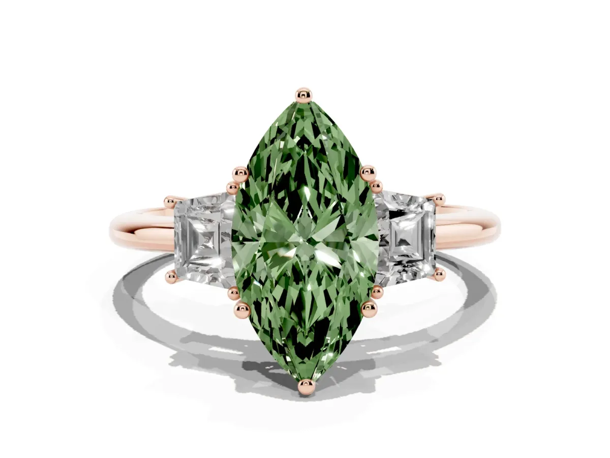 Fancy Green Marquise Cut Diamond Three-Stone Ring with Trapezoid Side Stones and Prong Setting Rose gold