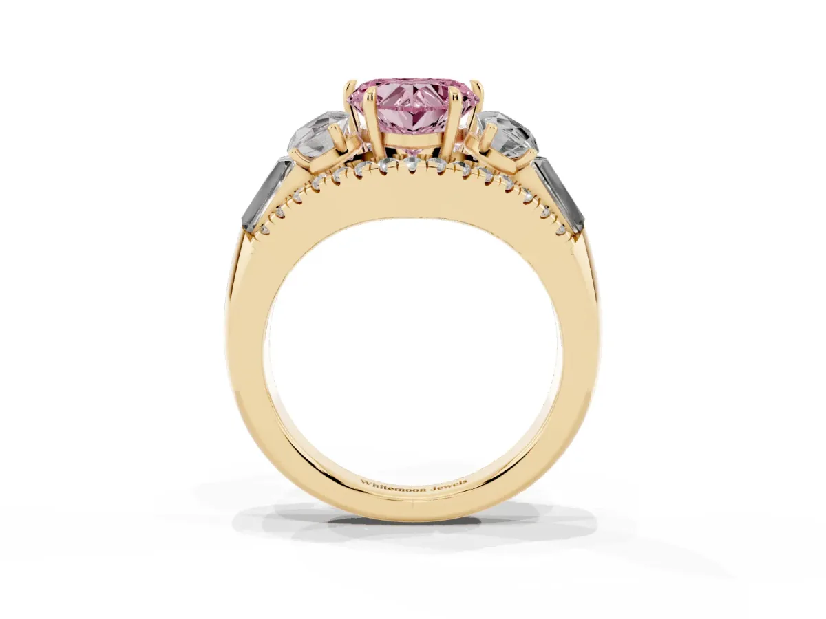 Fancy Pink Three-Stone Heart Cut Diamond Engagement Ring with Pave Band and Prong Setting Yellow gold