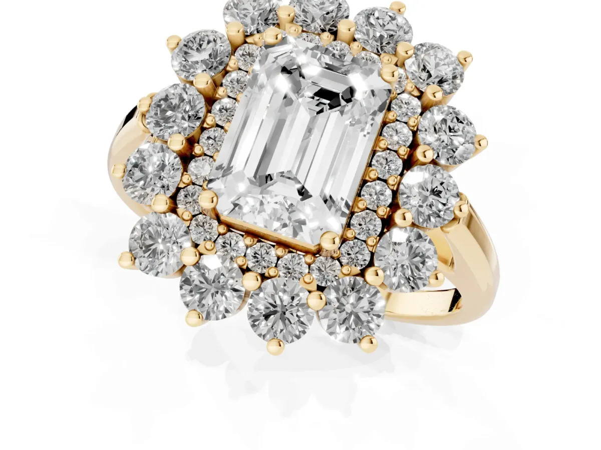 Emerald Cut Diamond Floral Double Halo Engagement Ring with Prong Setting Yellow gold