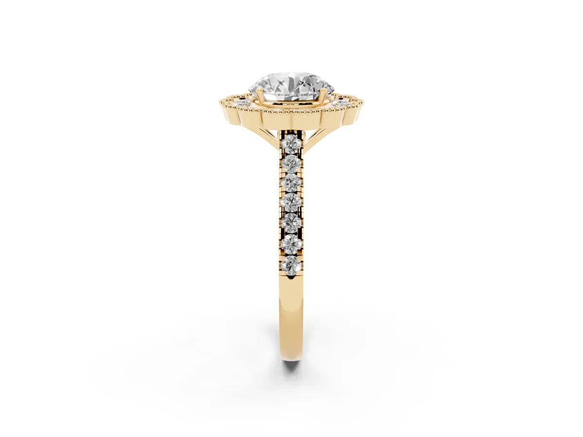 Round Cut Cut Diamond Milgrain Floral Halo Engagement Ring with Pavé Band Yellow gold