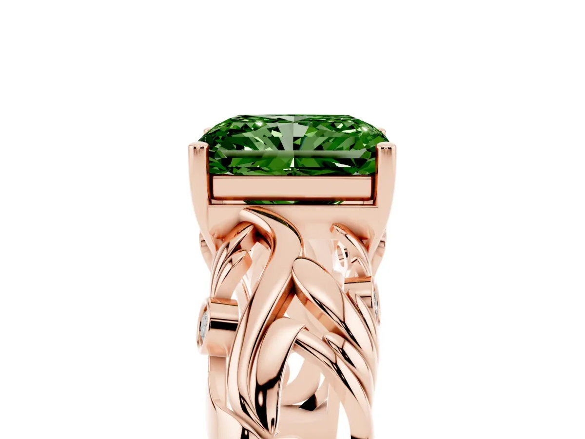 Fancy Green Radiant Cut Solitaire Diamond Leaf-Inspired Vine Band Ring with Prong Setting Rose gold