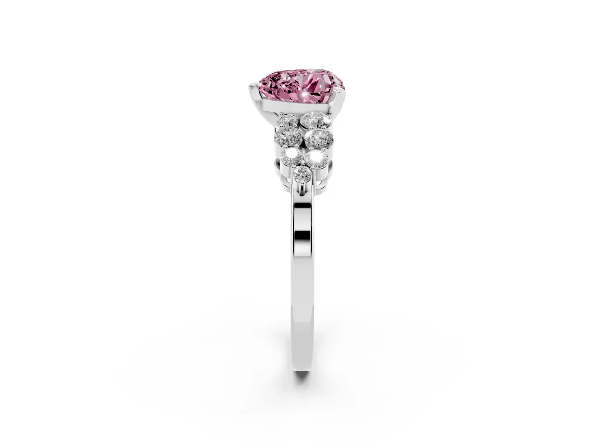 Fancy Pink Heart Cut Cluster Diamond Engagement Ring with Pavé Band and Four-Prong Setting Platinum