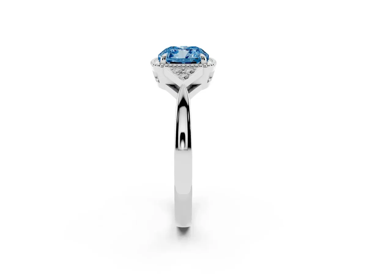 Fancy Blue Cushion Cut Diamond Halo Ring with Tapered Band and Four-Prong Setting White gold