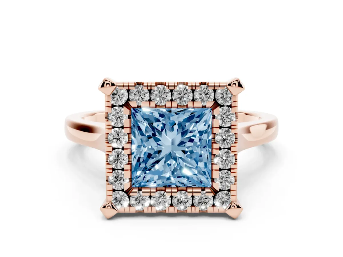 Fancy Blue Princess Cut Diamond Cluster Halo Solitaire with Four-Prong Setting Rose gold