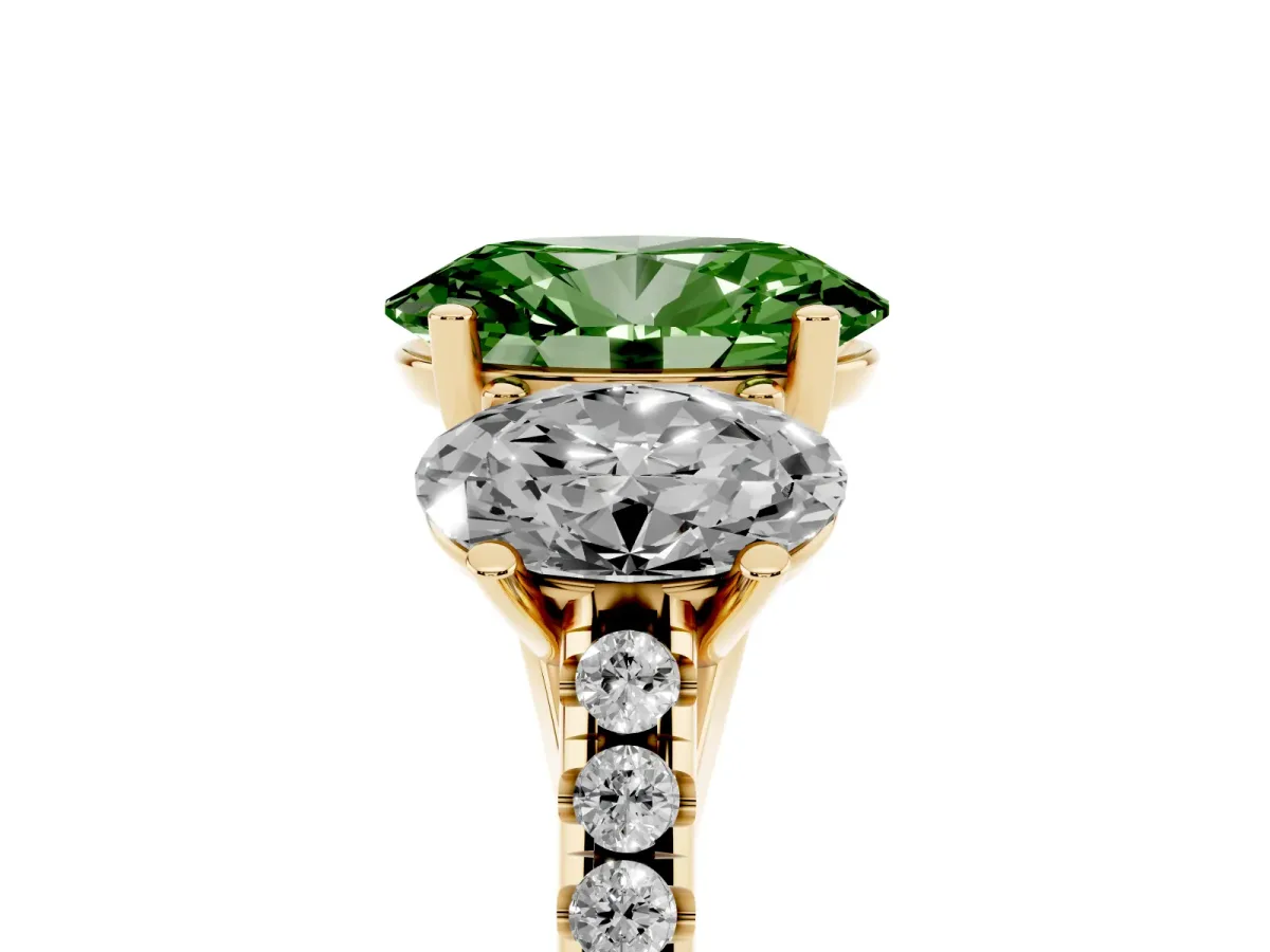 Fancy Green Three-Stone Oval Cut Diamond Ring with Round Pavé Band and Prong Setting Yellow gold
