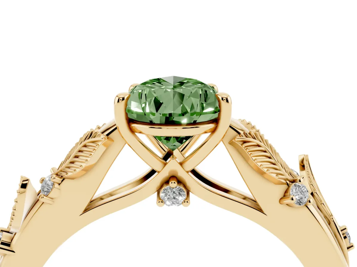Fancy Green Pear Cut Diamond Solitaire Ring with Leaf Motif Band and Four-Prong Setting Yellow gold
