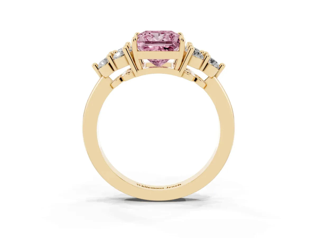 Fancy Pink Princess Cut Brilliant Diamond Cluster Accent Solitaire Ring with Prong Setting Yellow gold