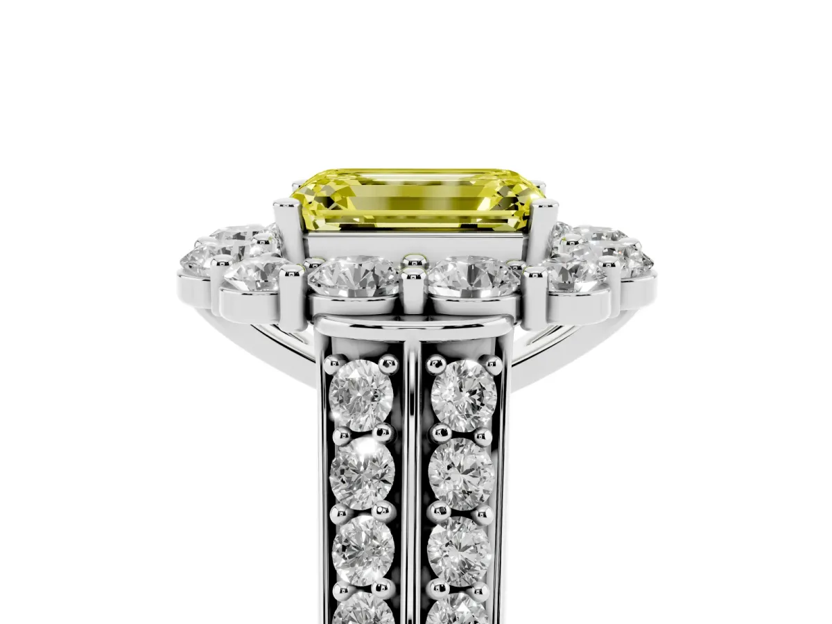 Fancy Yellow Emerald Cut Halo Diamond Engagement Ring with Split Shank and Prong Setting Platinum