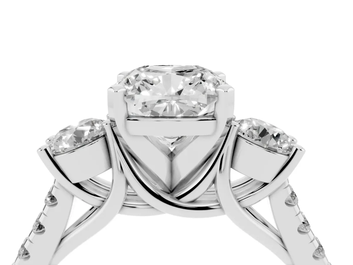 Three-Stone Cushion Cut Diamond Pavé Band with Four-Prong Setting Silver