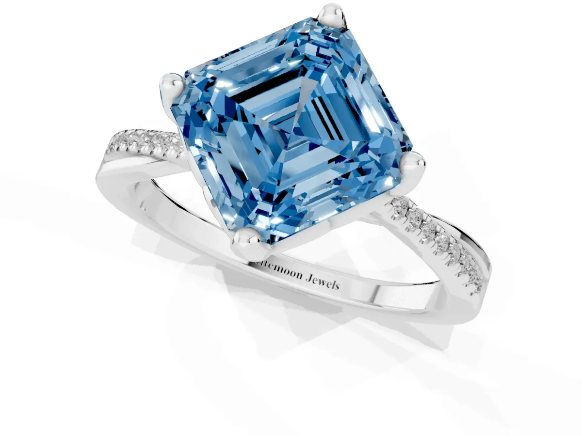 Fancy Blue Asscher Cut Solitaire Twist Band with Pavé Diamonds and Four-Prong Setting White gold