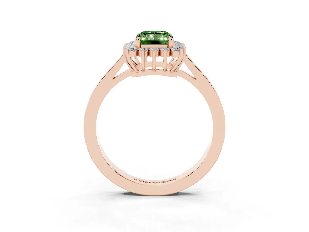 Fancy Green Emerald Cut Cut Diamond Halo Ring with Round Brilliant Halo and Solitaire Band Rose gold