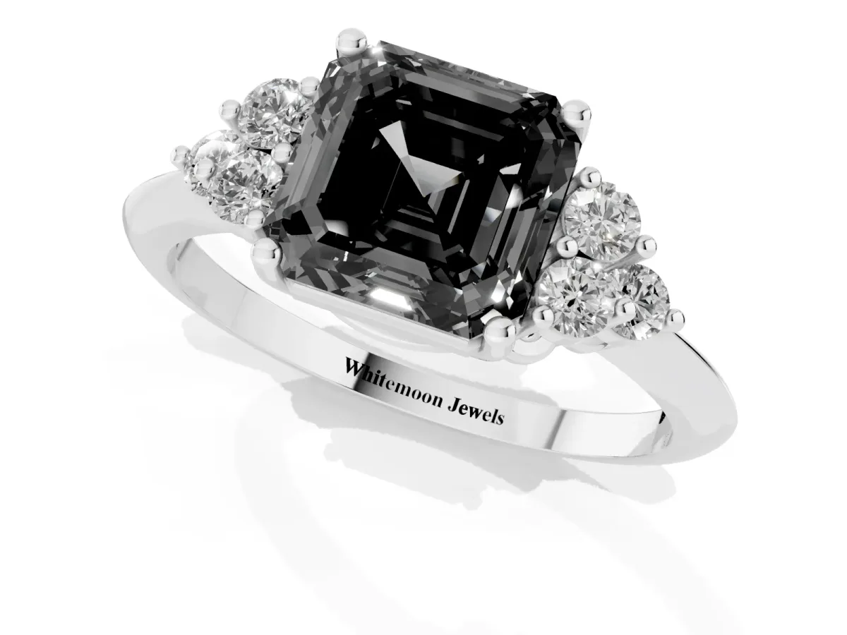 Fancy Black Asscher Cut Cut Diamond Cluster Ring with Solitaire Band and Four-Prong Setting Silver