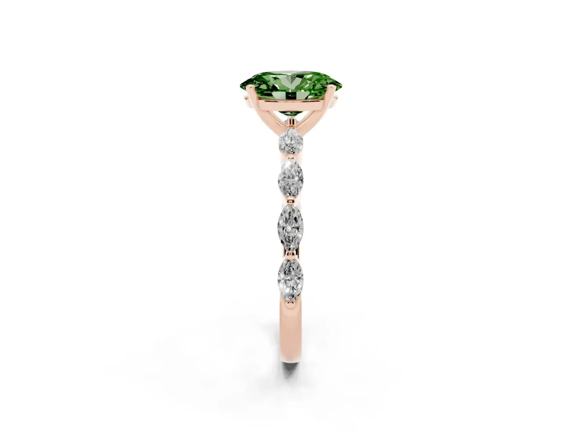 Fancy Green Oval Cut Diamond Ring with Marquise Side Stones and Prong Setting Rose gold