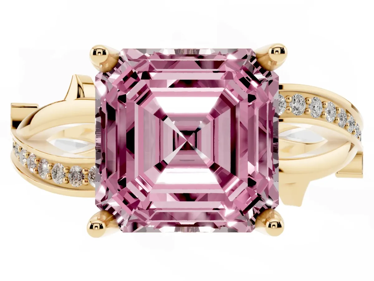 Fancy Pink Asscher Cut Solitaire Twist Band with Pavé Accents and Four-Prong Setting Yellow gold