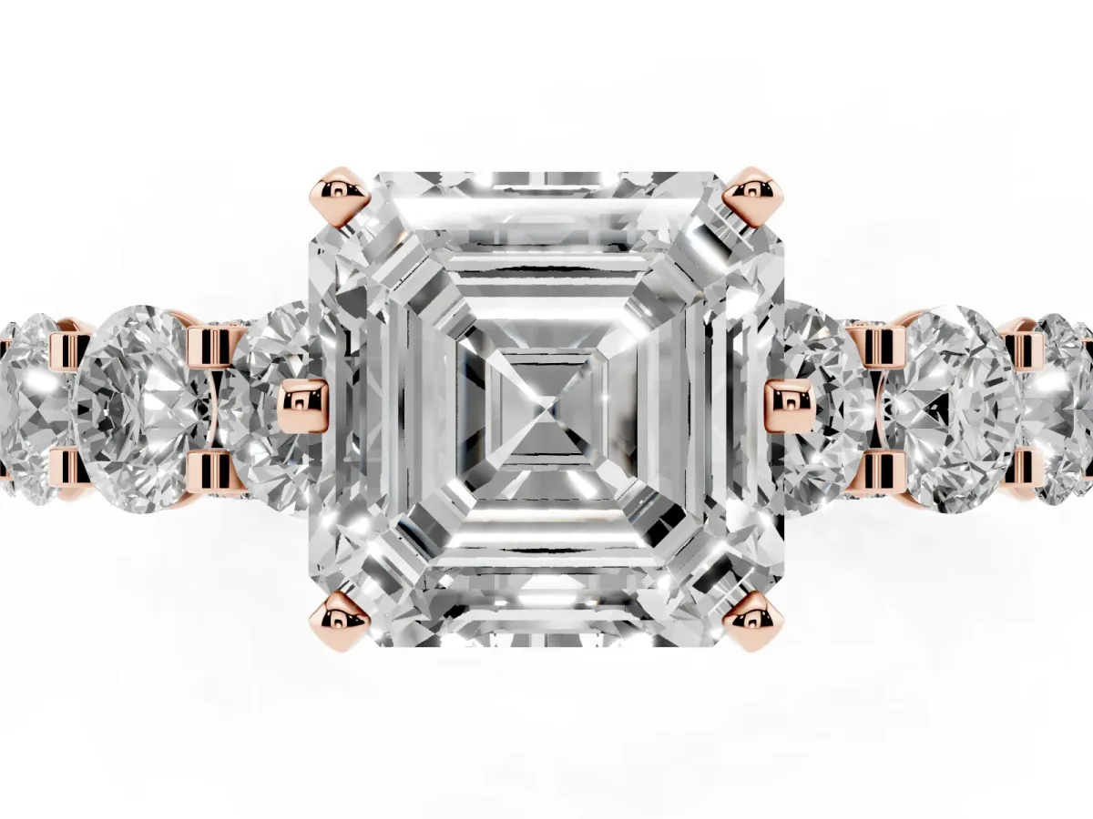 Asscher Cut Diamond Side Stone Engagement Ring with Four-Prong Setting Rose gold
