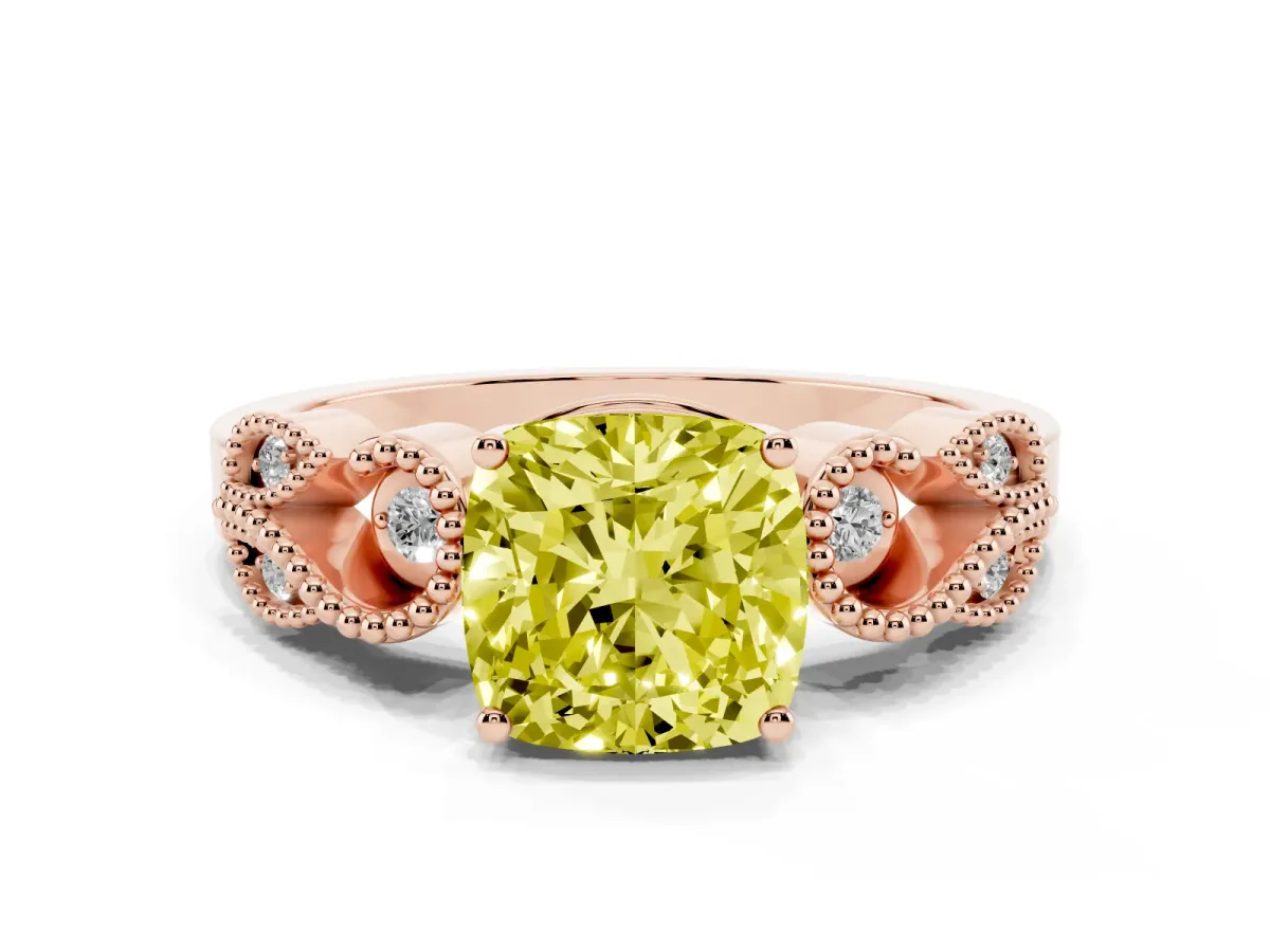 Fancy Yellow Cushion Cut Solitaire Milgrain Leaf Band with Prong Setting Rose gold