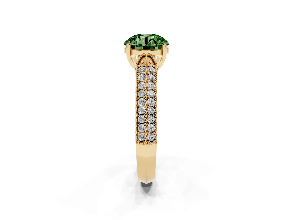 Fancy Green Round Cut Cut Pave Split Shank Engagement Ring with Four-Prong Setting Yellow gold
